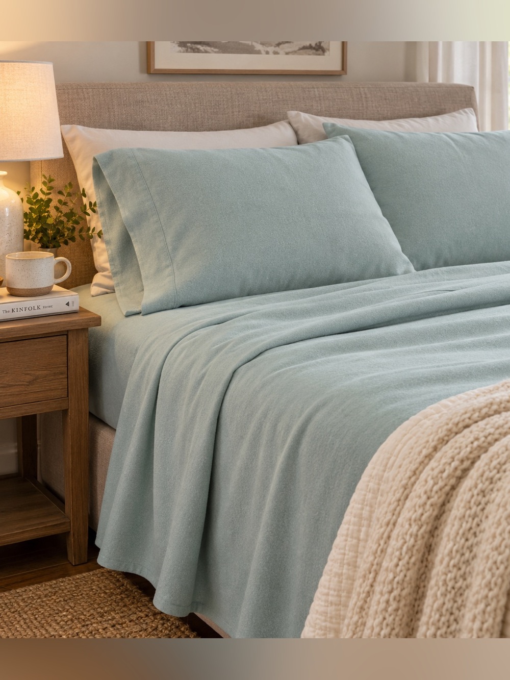 Garnet Hill English Cotton Flannel Queen 4-Piece Sheet Set Celadon Vintage NIP